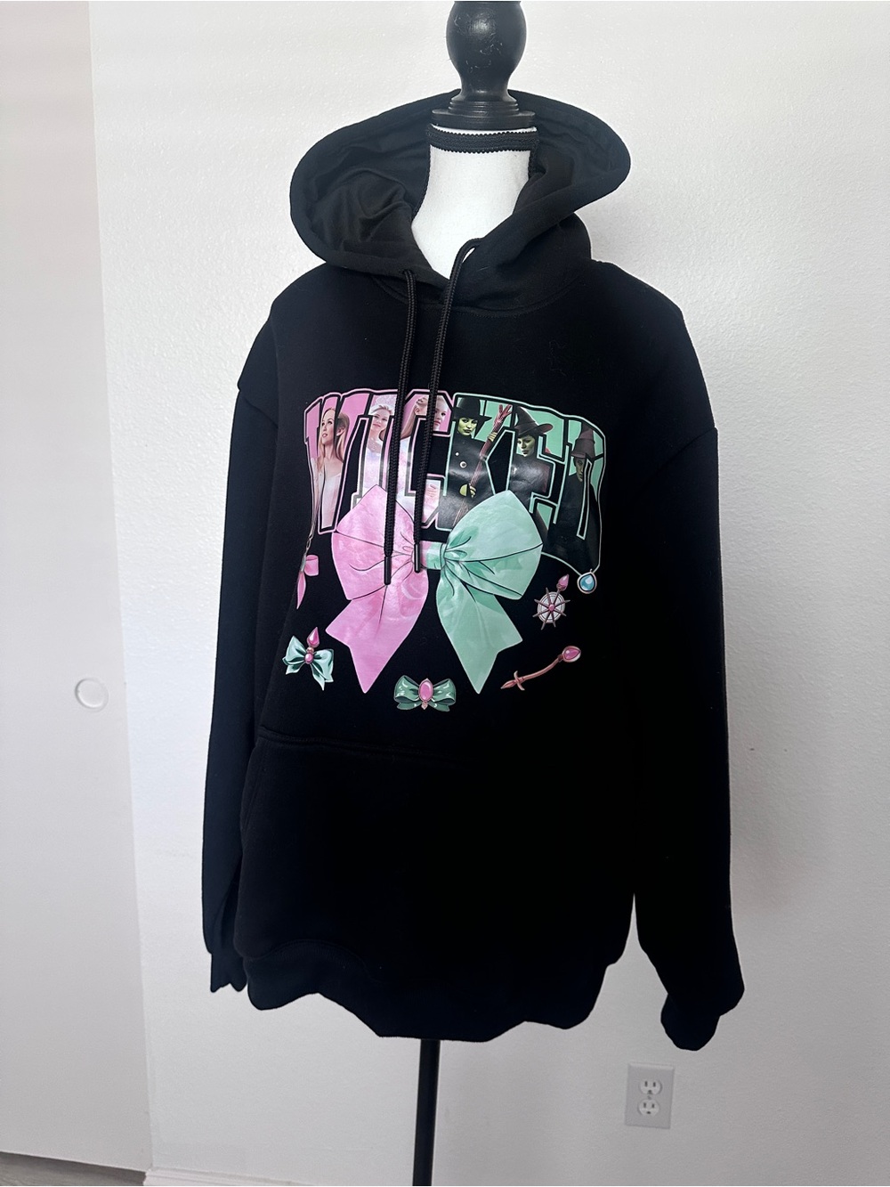 Black WICKED Hoodie with Pink & Green Bow Design NWOT